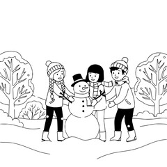 Children building a snowman together in a snowy landscape with trees and bushes on a winter day