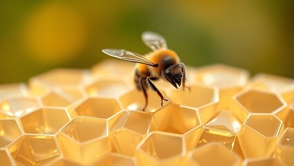 A delicate bumblebee hovering over glowing geometric honeycomb structures with a medicinal aura.