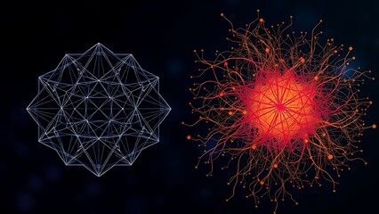 Abstract neural pathways: one geometric and structured, the other chaotic and organic.