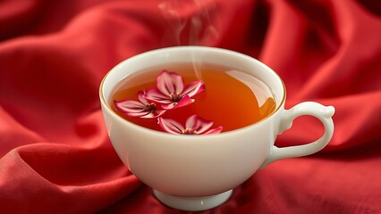 A delicate porcelain teacup with floating chrysanthemum petals, exuding serenity and elegance for China's National Day.