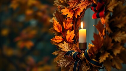Golden oak leaf wreath with black-red-gold ribbons, candlelit glow amidst soft autumn foliage backdrop.