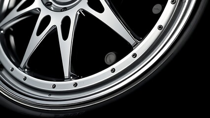 Shiny metallic wheel rim with intricate geometric design, reflecting studio lighting.