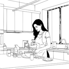 Woman is mixing ingredients in a bowl in a kitchen with cabinets and appliances in black and white style