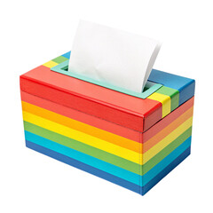 Colorful rainbow striped tissue box with white tissues emerging from the top isolated on transparent background