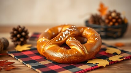 Crisp pretzel on a checkered black-red-gold napkin, softly focused with autumn harvest decorations in the background.
