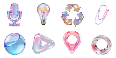 Glossy transparent icons including microphone, light, bulb, shapes, recycle, clip, play, map, location, sphere,