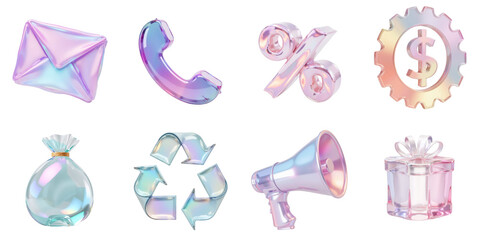 Glossy transparent 3D icons email, phone, percent, dollar, gear, bag, recycle, megaphone, gift