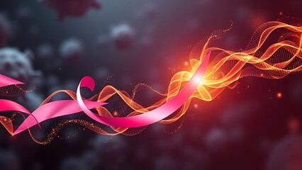 A pink ribbon transforming into a golden energy wave against a cellular background, symbolizing dynamic change.