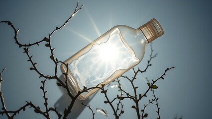 Shattered sunscreen bottle refracting prismatic light with dark vines emerging through cracks.