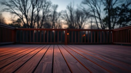 Wooden deck at twilight with a warm ambient glow and serene atmosphere.