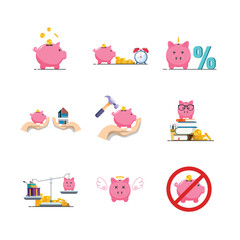 Piggy bank money saving finance illustration set investment budget economy debt and spending concept vector