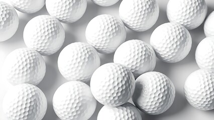 A close-up arrangement of golf balls on a white background, showcasing minimalist sports aesthetics.