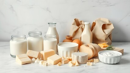 Assorted dairy products arranged on a marble surface, highlighted by cool overhead lighting.