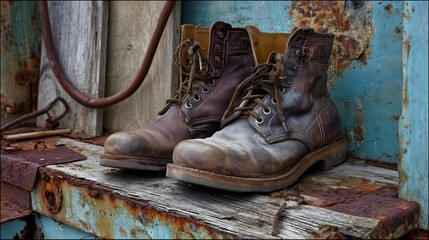 Worn leather boots on weathered wooden steps
