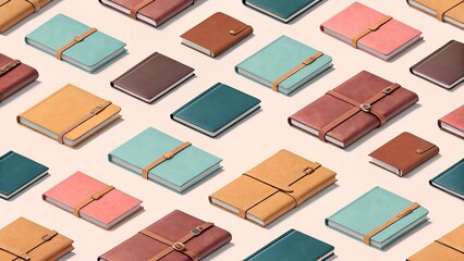 Fototapeta premium Colorful Array of Leather Journals and Notebooks Arranged in a Pattern