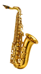 Realistic golden saxophone on white background, ideal for jazz and orchestral performances.