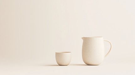 Fototapeta premium Minimalist ceramic pitcher and cup on a neutral background