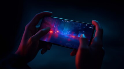 Hands holding a smartphone playing a futuristic neon game in a dark cyber atmosphere