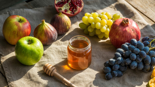 Assorted fruits with honey jar on rustic cloth, Rosh Hashanah celebration