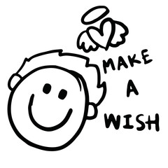 Hand drawn outline of a boy, heart with angel wings, MAKE A WISH letters for decorations, happiness, back to school, students, children, childhood, people, human, sticker, playground, family members