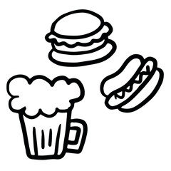 Hand drawn outline of burger, hotdog, glass of beer for beverage, sticker, lunch, dinner, fast food, junk food, cook book, menu, recipe, cafe, restaurant, grocery shopping, supermarket, mart, picnic	
