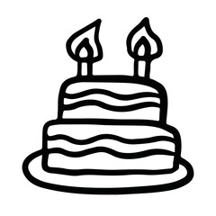 Hand drawn outline of chocolate cake with candles for birthday cake, sweet dessert, bakery, pastry, cafe, restaurant, menu, recipe, baking book, food, cake shop, card print, party, kid colouring book