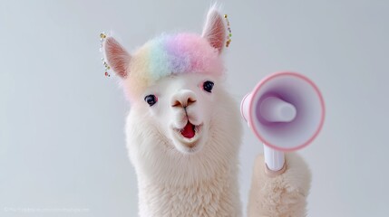 Stylish white llama with rainbow mohawk and decorated ears, holding a megaphone, looking quirky and humorous. Perfect for fun concepts, social media, and unique creative campaigns