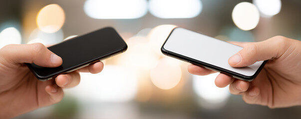 Two hands exchanging smartphones in a lively urban setting during the evening with soft bokeh background