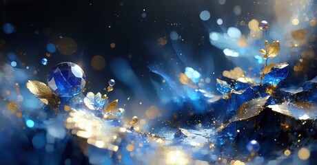 Abstract floral composition. Blue, gold tones create ethereal, sparkling effect. Delicate petals, gemlike structures present.