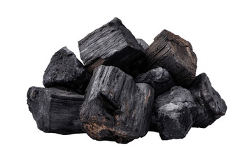 Obraz premium Close-up of a pile of dark, cubed charcoal briquettes. They are various sizes, irregularly shaped, and appear charred. Against a black background