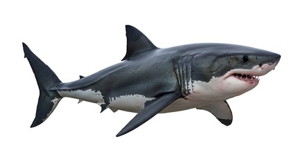 Naklejka premium Fierce Great White Shark Isolated on White Background, Showing Teeth and Fins