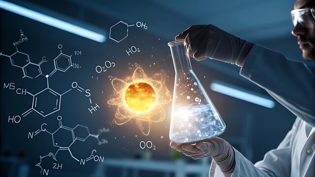 Scientist holding a flask with chemical formulas and glowing sun illustration - Powered by Adobe