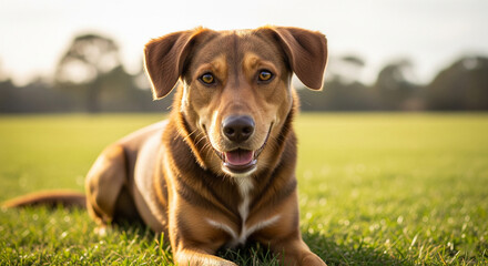 Portrait of a friendly brown dog resting on lush green grass in a sunny park during golden hour.