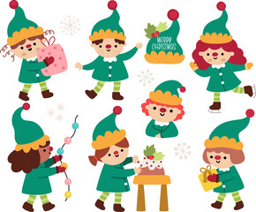 Vector Christmas elf clipart set. New Year elves icons collection with Santa Claus friends. Cute fantasy creatures with presents and garlands. Festive winter holiday dwarf illustrations for kids