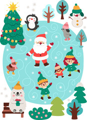 Vector skating rink landscape with Santa Claus, elves, animals, tree, snowman. Christmas village detailed scene with cute winter characters on ice skates. New Year holiday background for kids