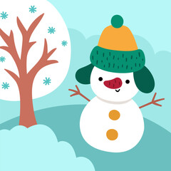 Vector square Christmas village landscape. New Year night scene with snowman, tree, snow field. Festive winter holiday background for kids with cute traditional character