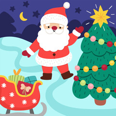 Vector square Christmas village landscape. New Year night scene with Santa Claus, fir tree, sledge with presents. Festive winter holiday background for kids with cute traditional character