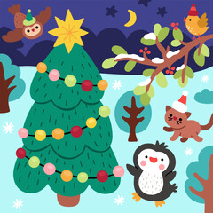 Vector square Christmas village landscape. New Year night scene with penguin, fir tree, bird on twig, cat in Santa Claus hat. Festive winter holiday background for kids with cute traditional character