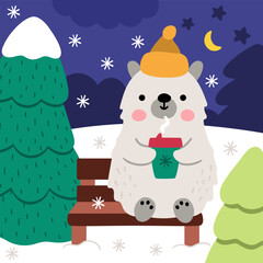 Vector square Christmas village landscape. New Year night scene with polar bear sitting on a bench in park and drinking coffee. Festive winter holiday background for kids with cute animal character