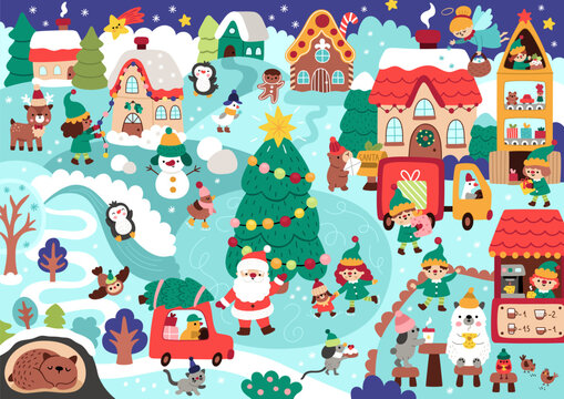 Vector Christmas village landscape. New Year detailed scene with Santa Claus, elves, deer, fir tree, cars, houses, animals, snowman, fair, market. Cute festive winter holiday background for kids