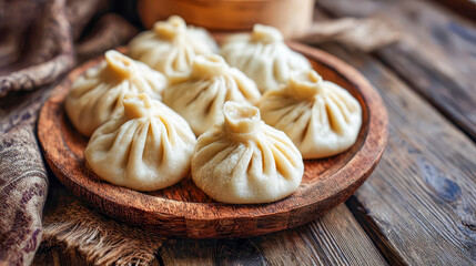 Close up of freshly cooked Georgian khinkali on wooden plate, traditional Caucasian cuisine