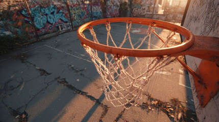 Close up of basketball hoop with net on outdoor court, street sport scene with graffiti on wall at sunset