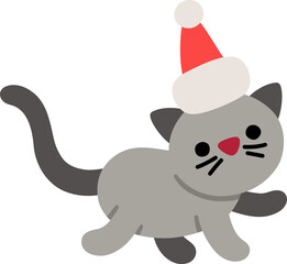 Vector cartoon cat in warm Santa Claus hat. Christmas animal clipart. Cute new year kitten illustration for kids. Winter holiday icon isolated on white