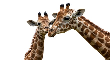 Naklejka premium Giraffe Pair: Close-Up of Two Giraffes with Distinct Spot Patterns on White Background
