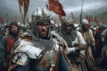 Medieval warriors preparing for battle in a foggy landscape