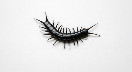 Fototapeta premium Glossy Black Centipede Curving on a Bright White Surface, Macro Detail