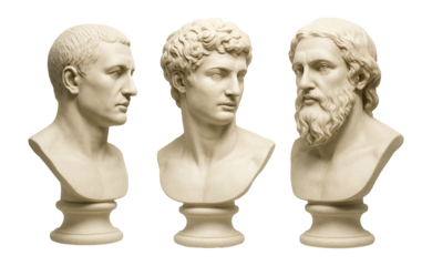 Set of isolated male bust sculptures.