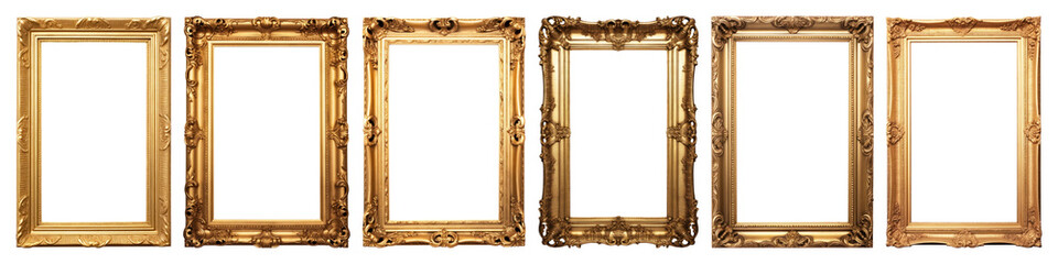 PNG Elegant ornate gold picture frames, element set on transparent background