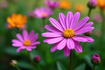 Obraz premium Perfect purple-yellow daisy, symmetrical petals, wildflower meadow , daisy, yellow