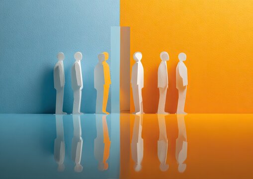 Paper people in lines, divided by a wall.  Two lines of white paper figures in business attire stand in neat rows, separated by a translucent wall. One figure is partially visible behind the wall.